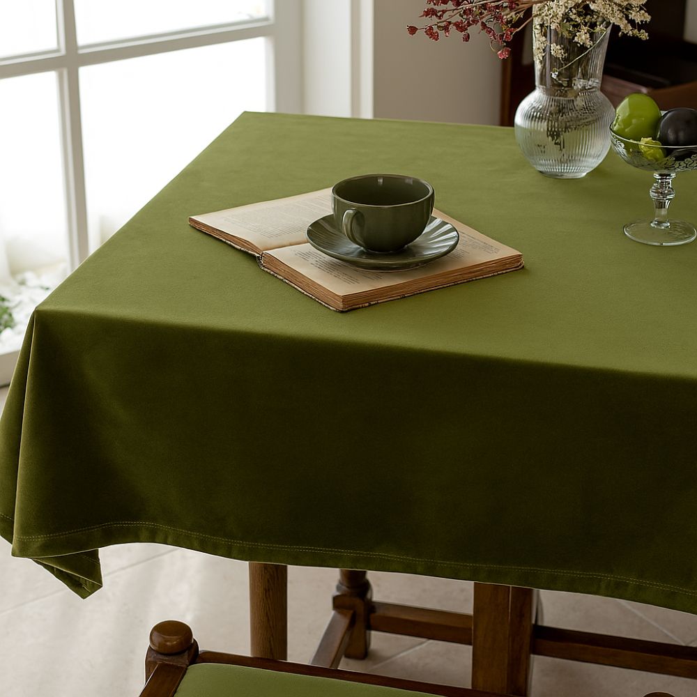 Green solid color tablecloth with matching chair cover, elegant dining table cover for kitchen or holiday decor