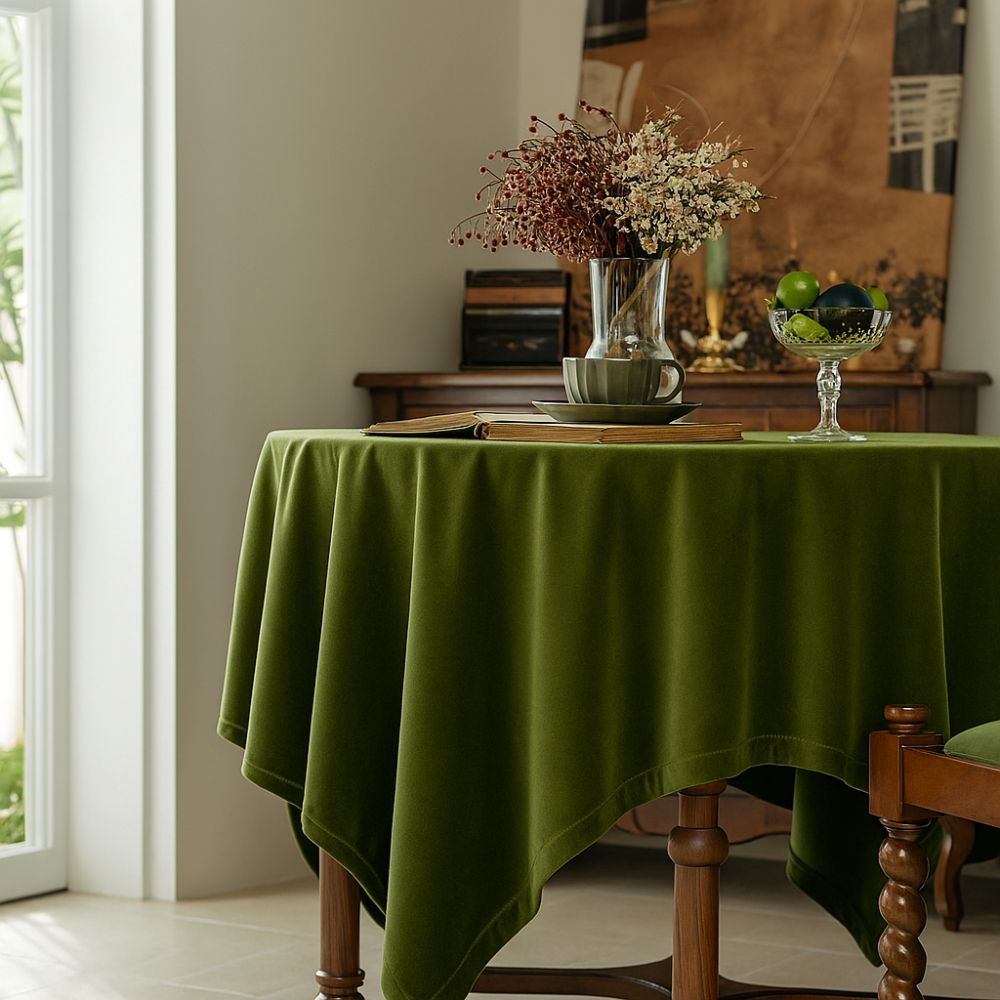 Green solid color tablecloth with matching chair cover, elegant dining table cover for kitchen or holiday decor