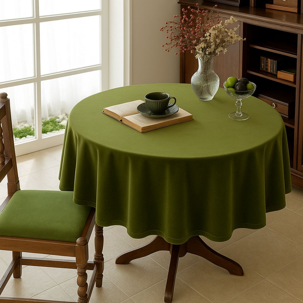 Green solid color tablecloth with matching chair cover, elegant dining table cover for kitchen or holiday decor