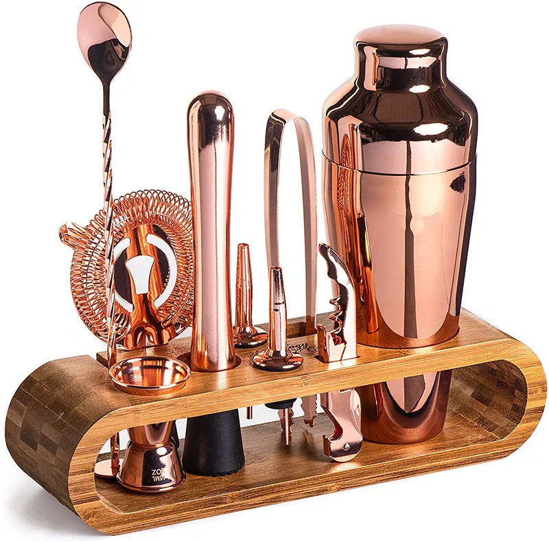 Premium stainless steel cocktail shaker set with mixing spoon, citrus slices, and bar tools – professional bartender kit for home and party drinks