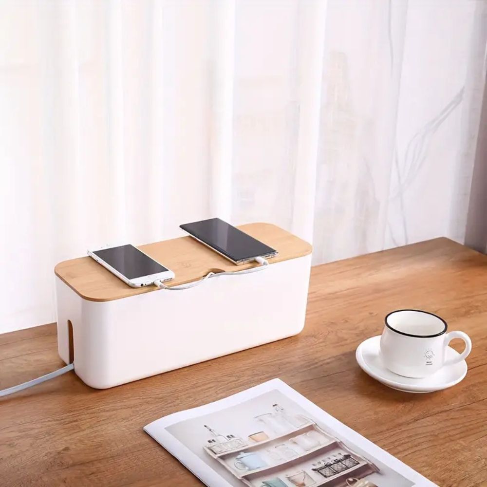 Cord Tidy Bamboo Cable Organizer Box
