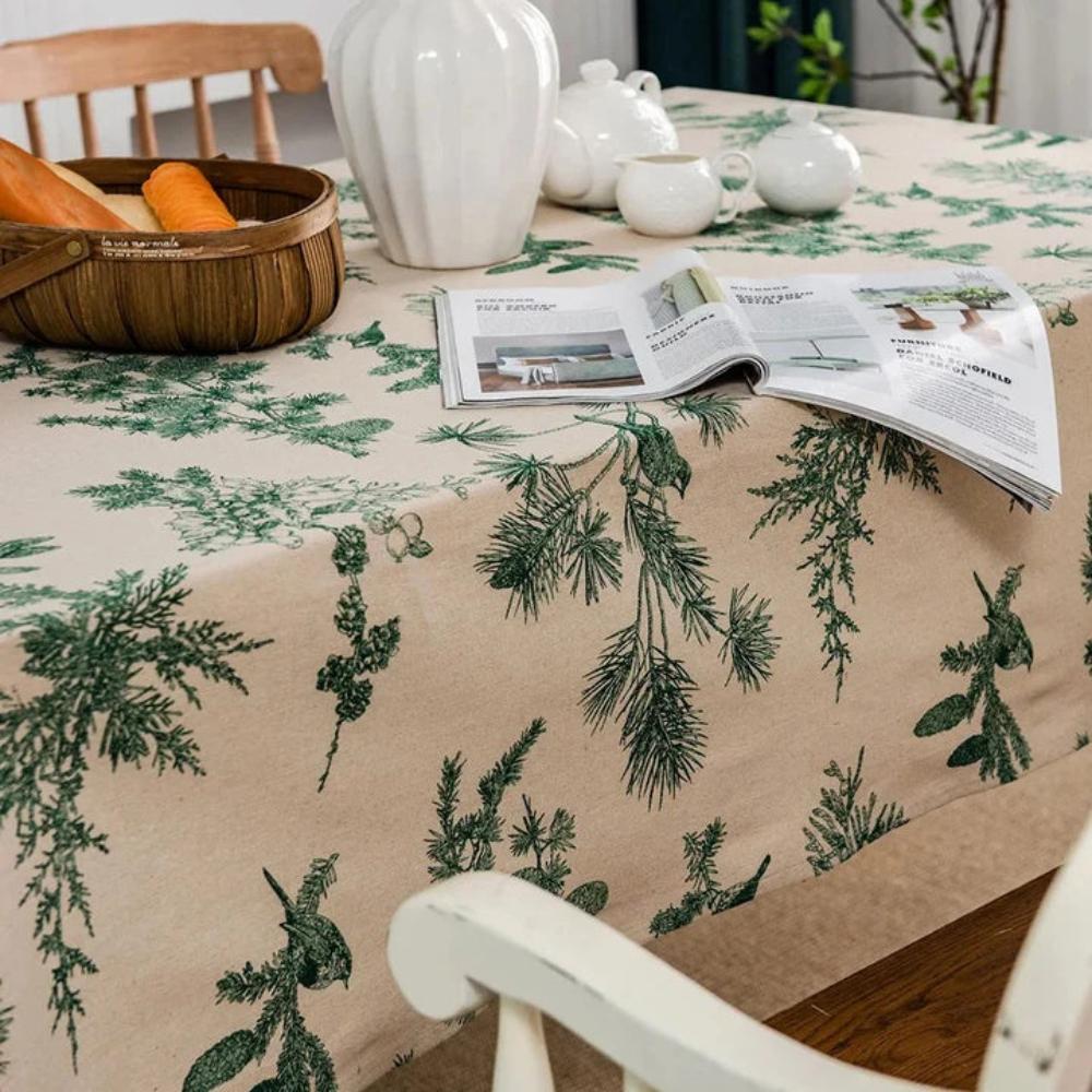 Cotton Dining Table Cloth with Rustic Pine and Bird Print, 60 x 84 Inches, Machine Washable Dining Room Table Cover
