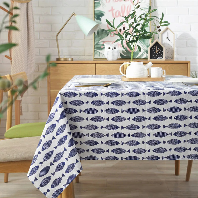 Cotton Linen Tablecloth, Blue Fish Print, Washable, Ideal for Weddings and Tea Tables