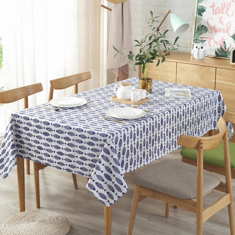 Cotton Linen Tablecloth, Blue Fish Print, Washable, Ideal for Weddings and Tea Tables