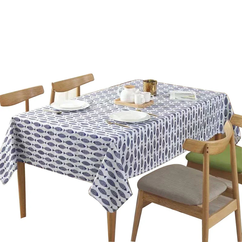 Cotton Linen Tablecloth, Blue Fish Print, Washable, Ideal for Weddings and Tea Tables
