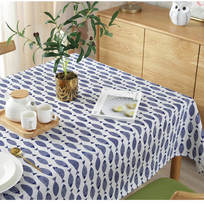 Cotton Linen Tablecloth, Blue Fish Print, Washable, Ideal for Weddings and Tea Tables