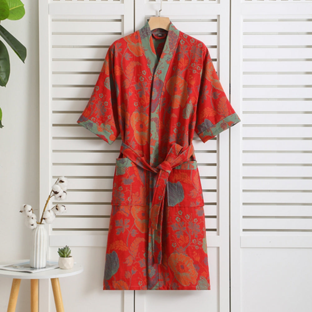 Cotton bathrobe – Lightweight double mesh – Vintage print – Elegant mens or womens robe for cozy homewear