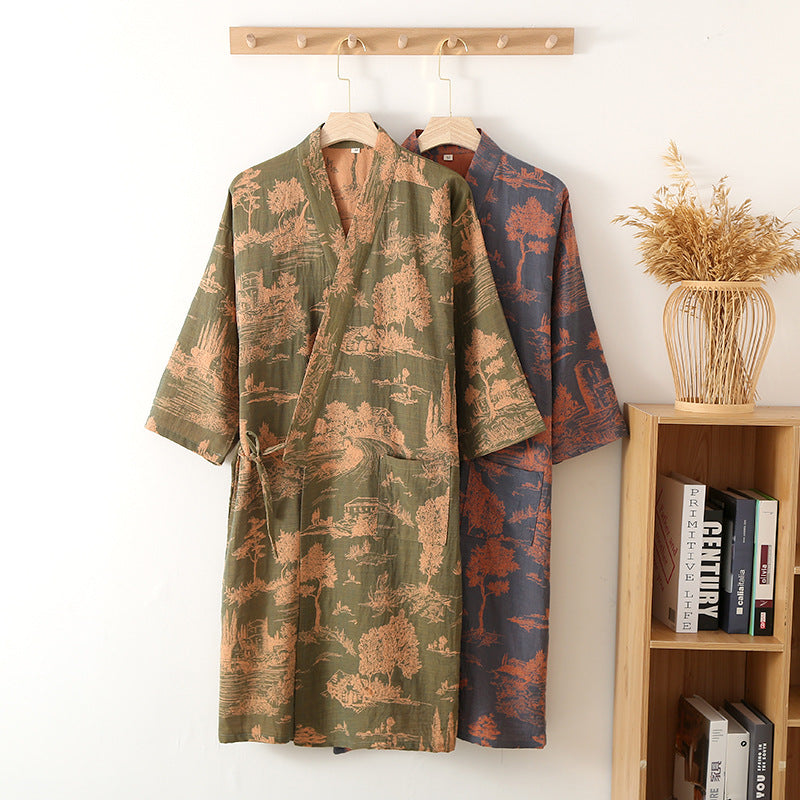 Cotton bathrobe – Lightweight kimono style – Dark blue or light green – Ideal for lounging and relaxation
