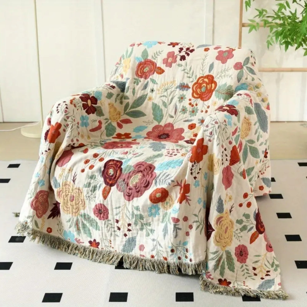 Cotton blanket – Reversible floral design – Bohemian style – Cozy bedspread or throw – 78.7 x 90.6 in