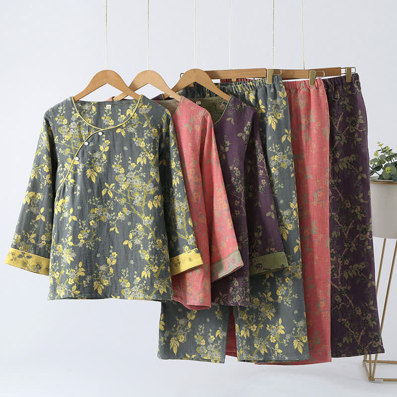 Cotton loungewear set – Jacquard floral print – Soft and breathable – Womens lounge sets for indoor and outdoor relaxation