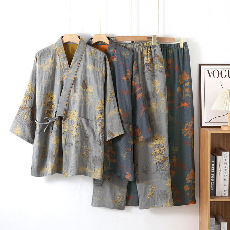 Cotton pajama set – Soft breathable fabric – Neutral landscape print – Comfortable kimono style for women