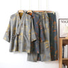 Cotton pajama set – Soft breathable fabric – Neutral landscape print – Comfortable kimono style for women