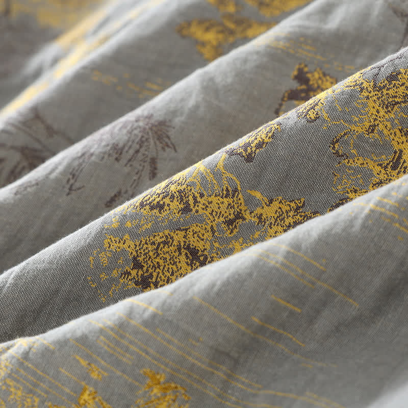 Cotton pajama set – Soft breathable fabric – Neutral landscape print – Comfortable kimono style for women