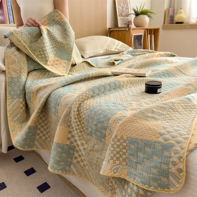 Cotton quilt – Breathable jacquard – Vintage check and paisley patterns – Lightweight summer throw blanket – 60 x 80