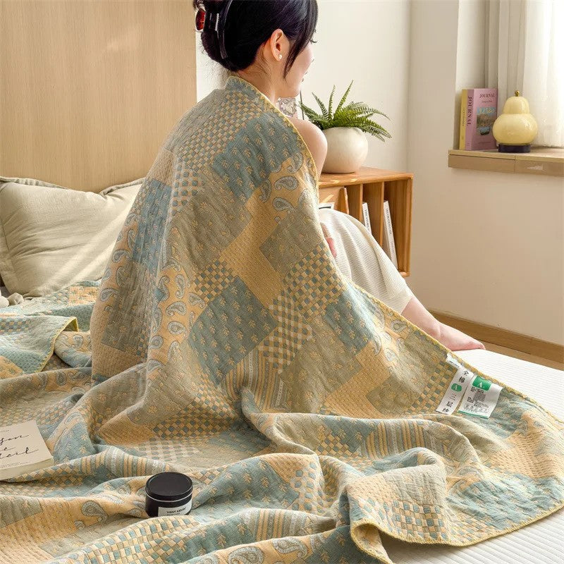 Cotton quilt – Breathable jacquard – Vintage check and paisley patterns – Lightweight summer throw blanket – 60 x 80