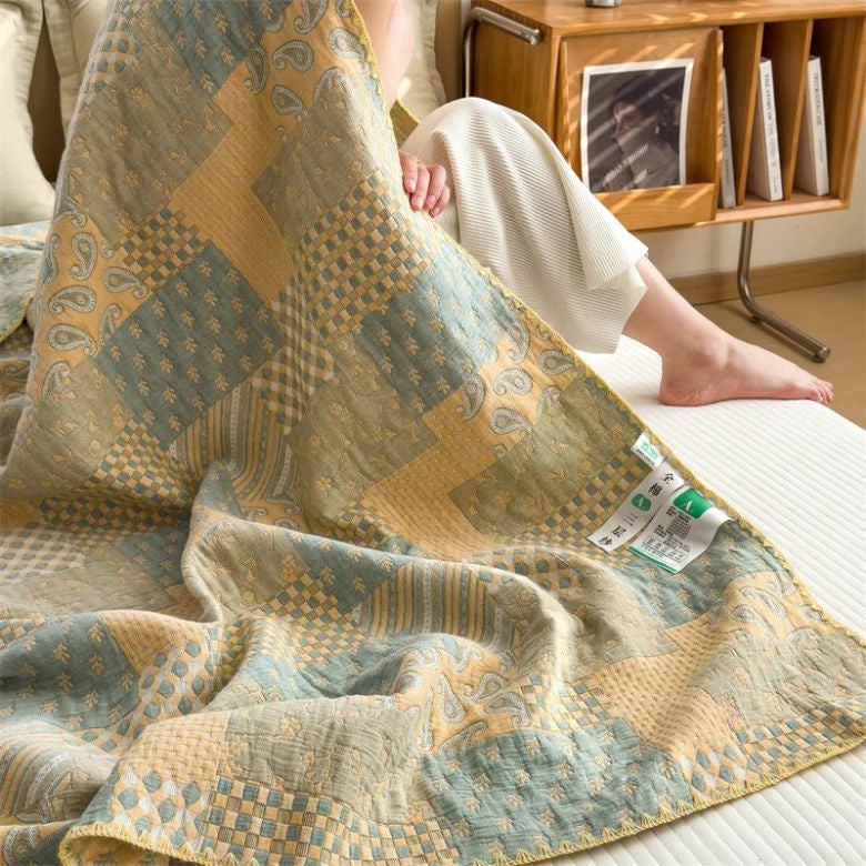 Cotton quilt – Breathable jacquard – Vintage check and paisley patterns – Lightweight summer throw blanket – 60 x 80