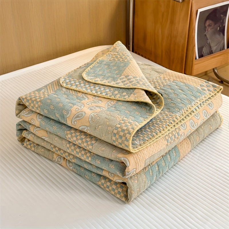 Cotton quilt – Breathable jacquard – Vintage check and paisley patterns – Lightweight summer throw blanket – 60 x 80