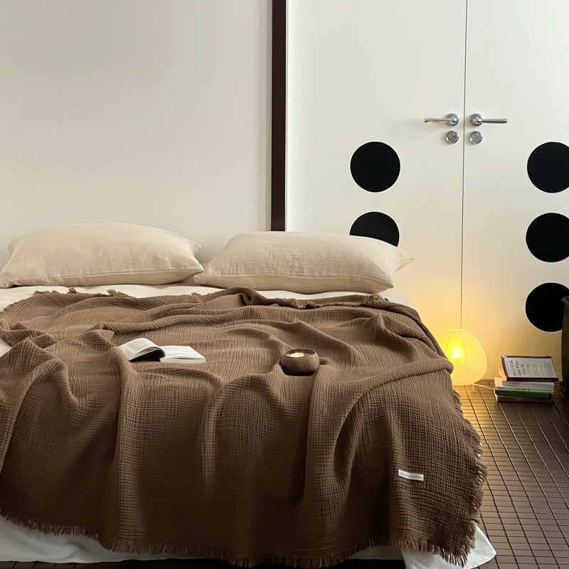 Cotton throw blanket – Lightweight crinkle texture – Tassel trim – Perfect for summer nights