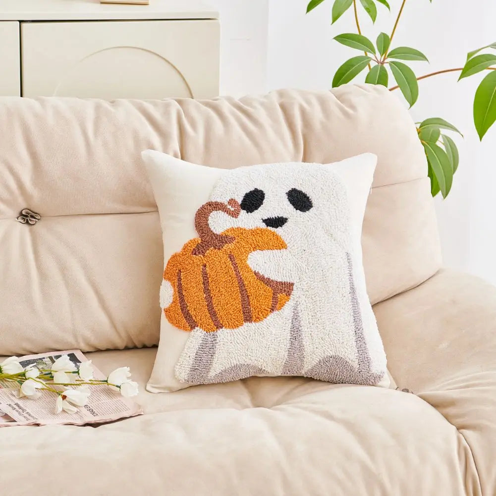Cushion cover – Polyester – Embroidered ghost and pumpkin – Halloween decor for sofa – 17.7 x 17.7 in