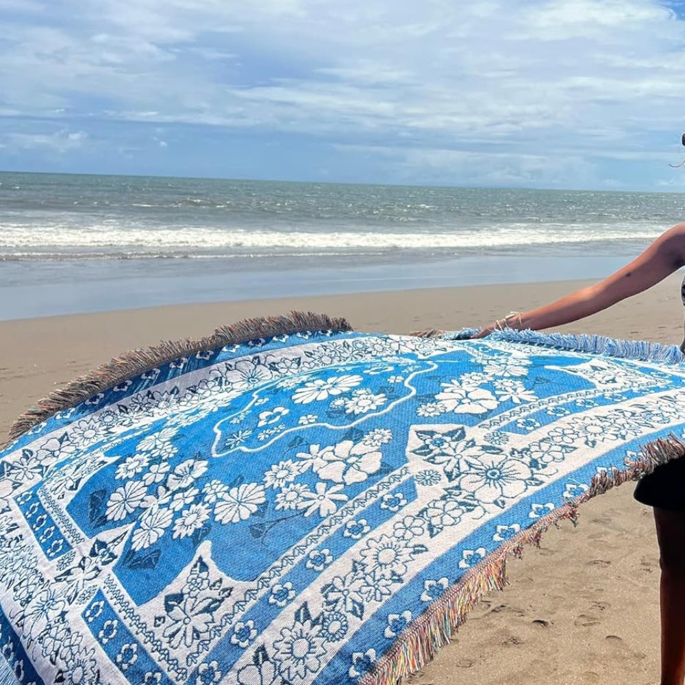 Blue Daisy Bloom Boho Travel Outdoor Blanket