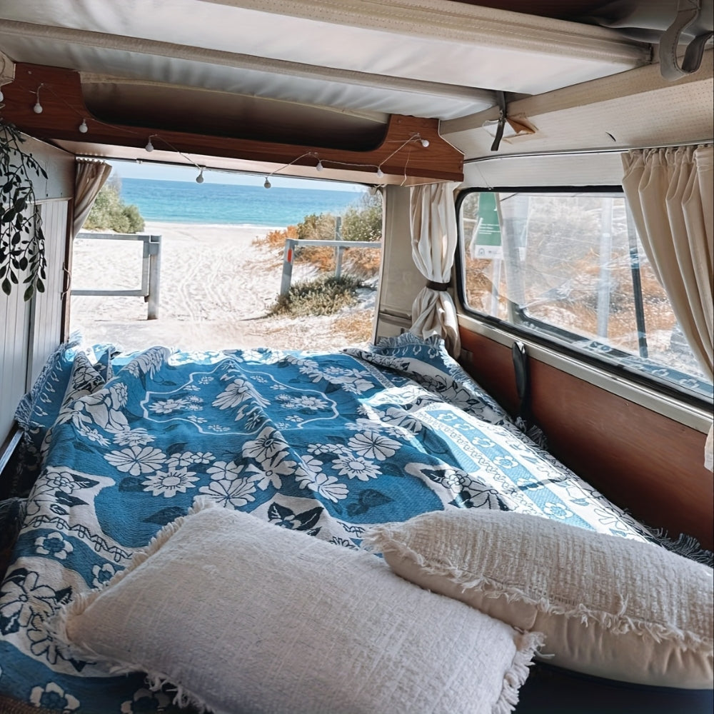 Blue Daisy Bloom Boho Travel Outdoor Blanket