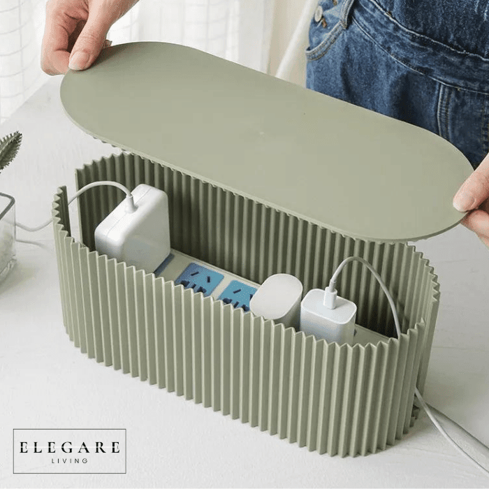 Modern cable management box with phone charging station, desktop cord organizer for home and office setup