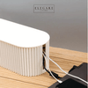 Modern cable management box with phone charging station, desktop cord organizer for home and office setup