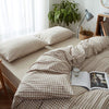 Duvet cover set – Soft cotton blend – Brown gingham design – Cozy minimalist style – Available in Twin, Queen, King