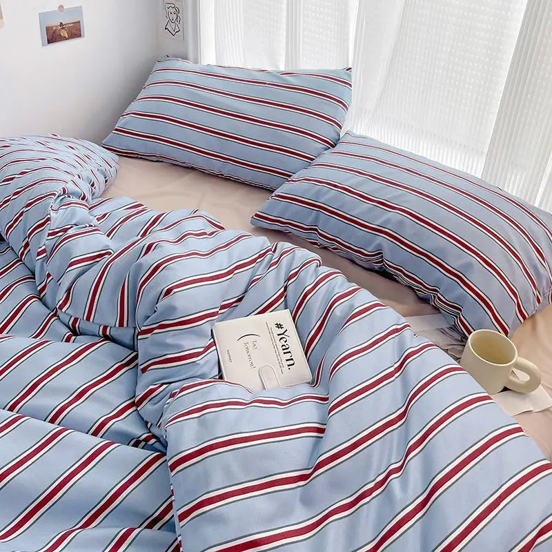 Duvet cover set – Washed cotton – Red and blue stripe design