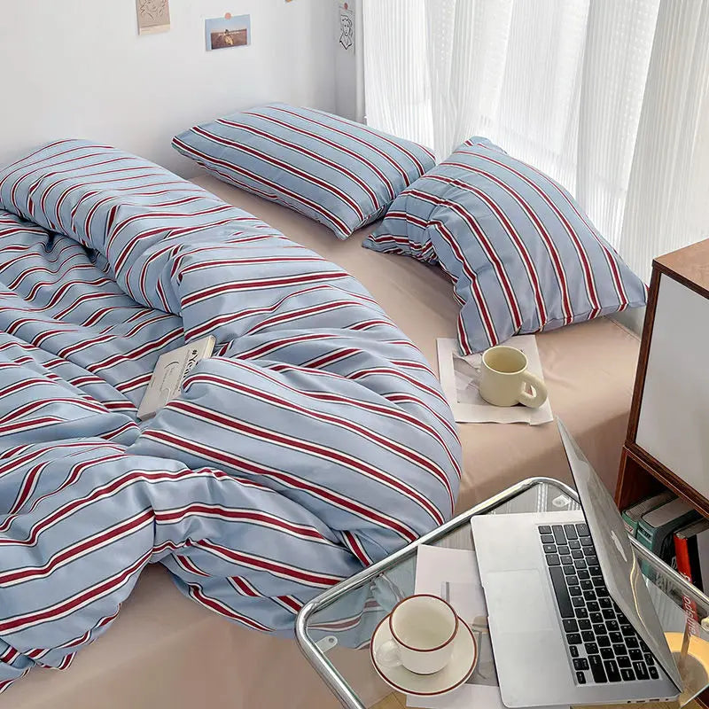 Duvet cover set – Washed cotton – Red and blue stripe design