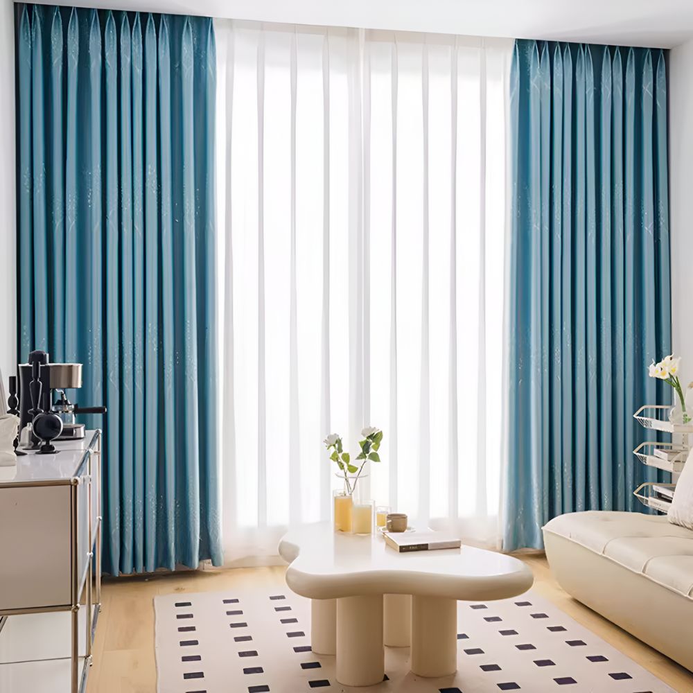 Blue blackout curtains with white sheer panels, modern window drapes for living room or bedroom light control and privacy