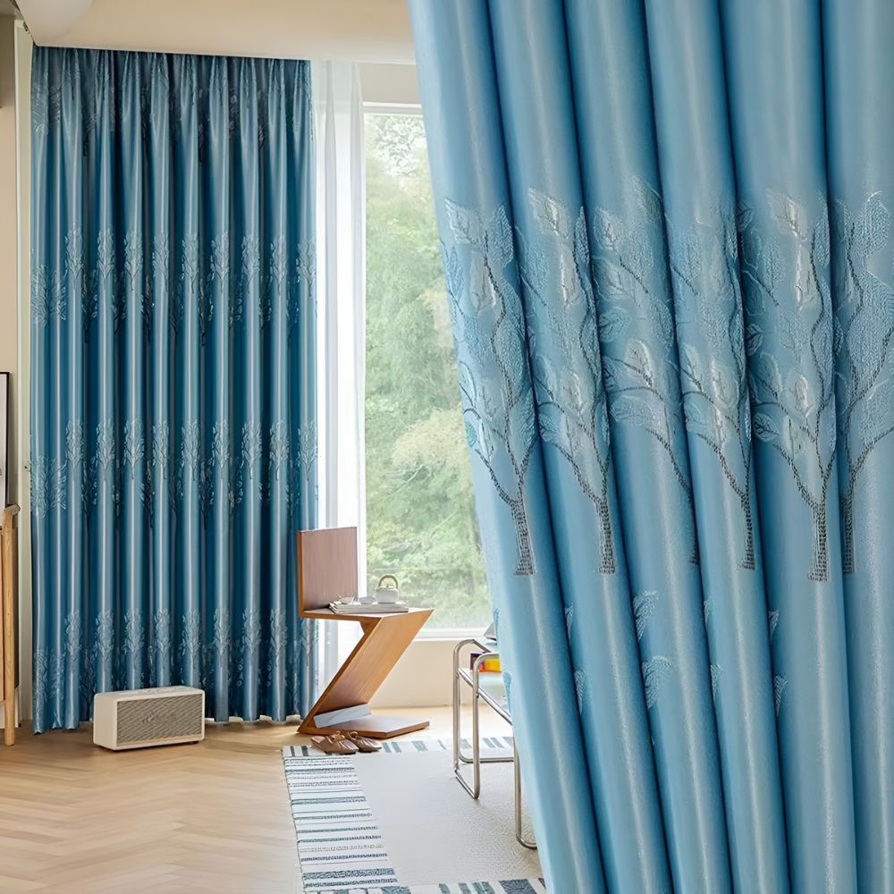 Blue blackout curtains with white sheer panels, modern window drapes for living room or bedroom light control and privacy