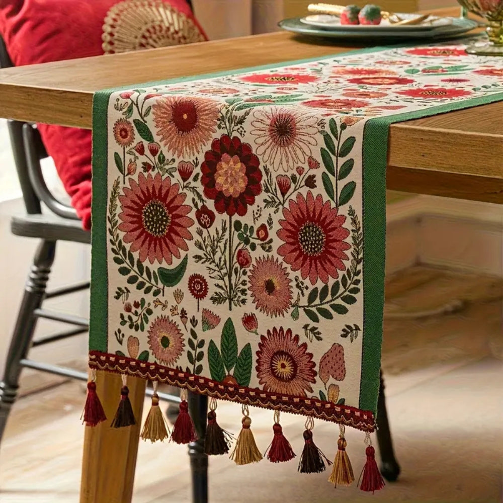 Embroidered Floral Tassel Table Runner