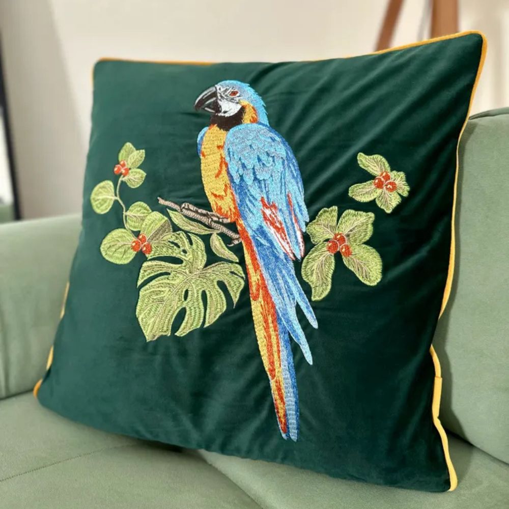 Embroidered Parrot Cushion