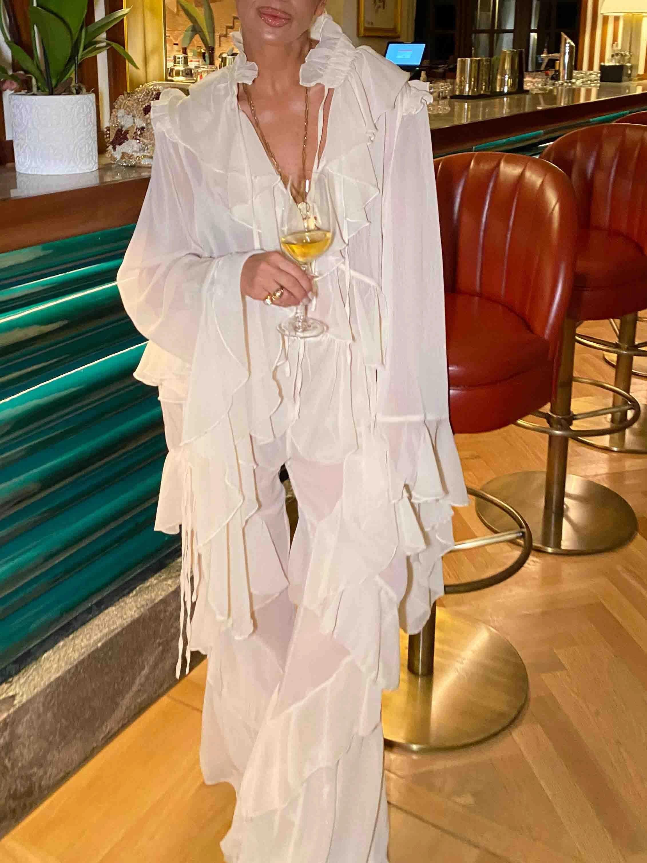 Fashionable Ruffled Chiffon Wide Leg Pants Set