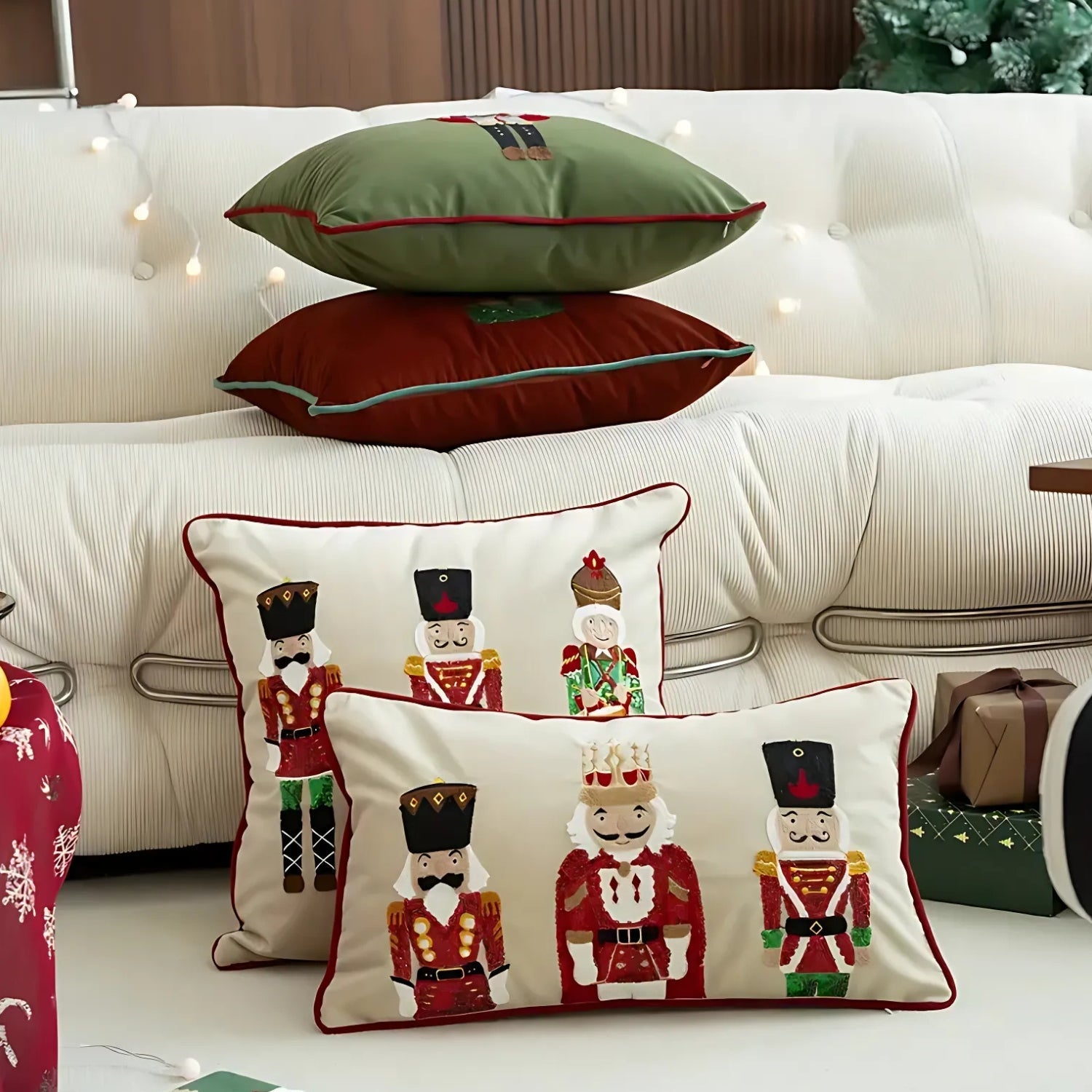 Festive Nutcracker Embroidered Christmas Cushion Cover