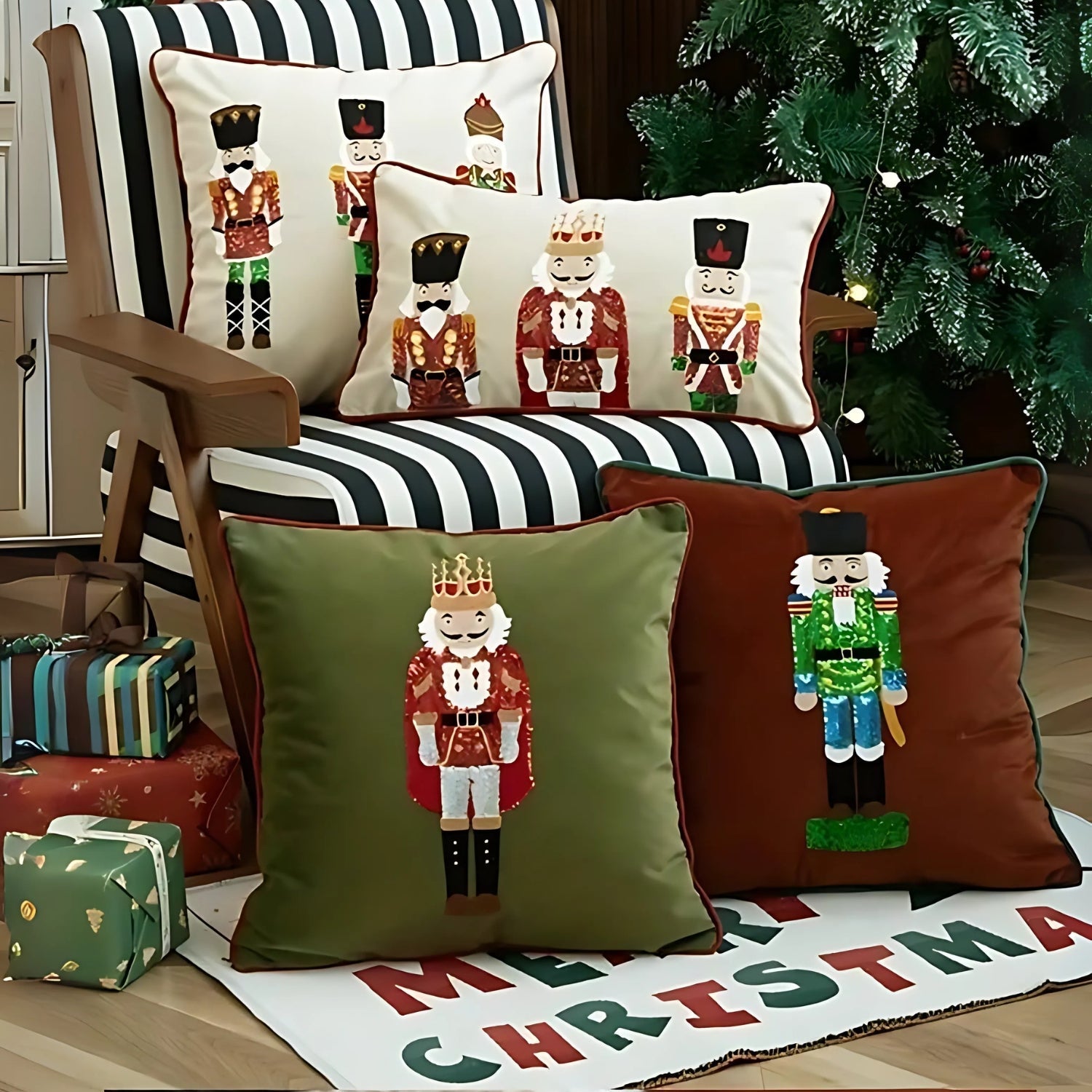 Festive Nutcracker Embroidered Christmas Cushion Cover