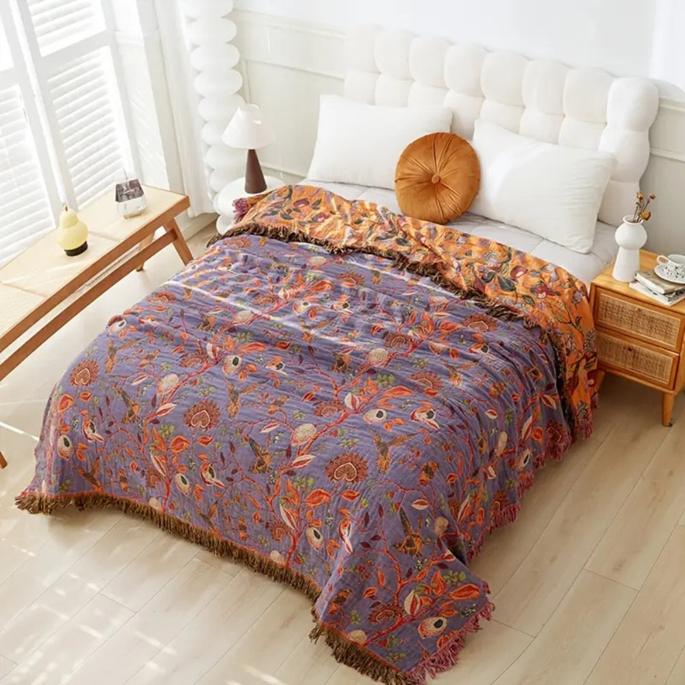 Floral Cotton Tassel Blanket - Reversible, Lightweight, Soft Jacquard Design for Bed or Sofa