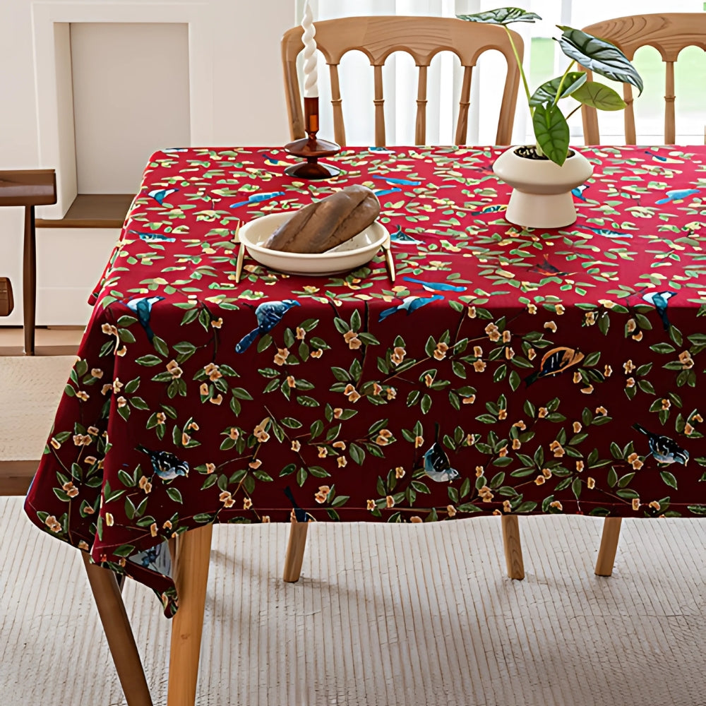 Floral and Bird Tablecloth - Durable Polyester for Indoor and Outdoor Use, Machine Washable