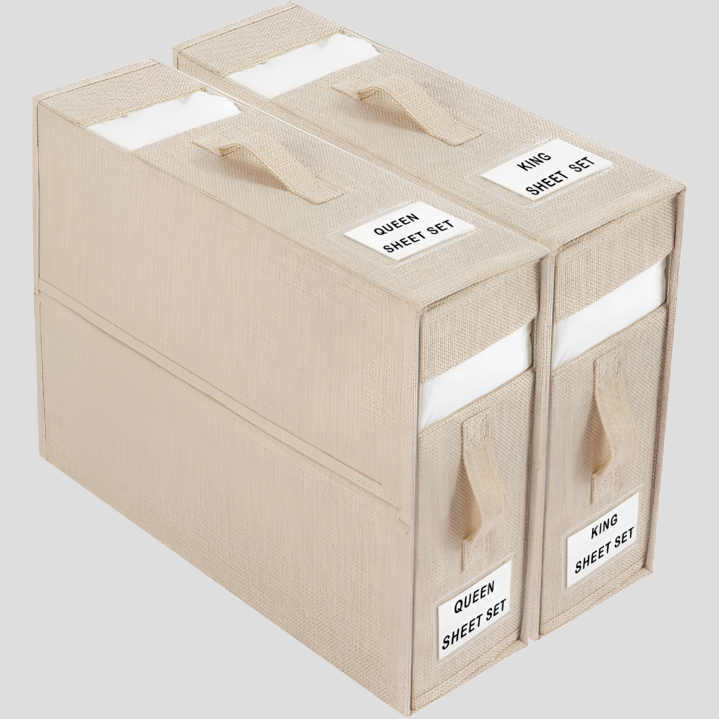 Foldable bed sheet organizer box – Durable fabric – Neutral color with transparent window – Space-saving storage solution – 15 x 12.6 x 4.5 in