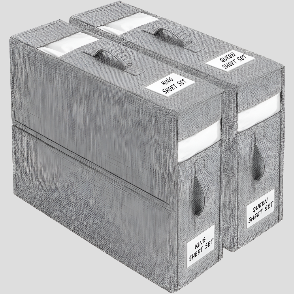 Foldable bed sheet organizer box – Durable fabric – Neutral color with transparent window – Space-saving storage solution – 15 x 12.6 x 4.5 in