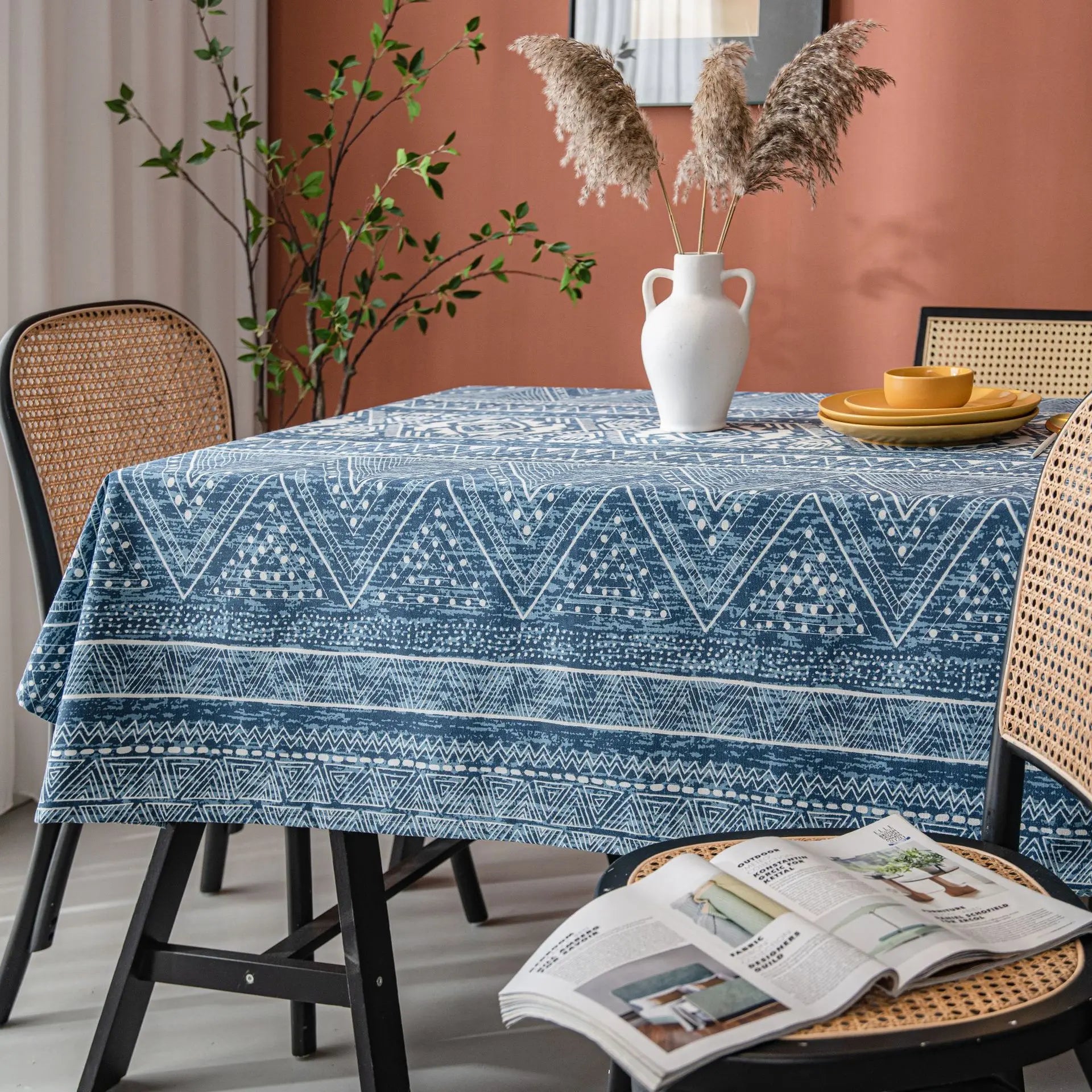 Geometric Triangle Print Tablecloth, Cotton-Linen Blend