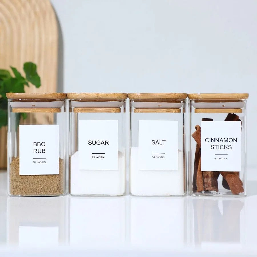 Glass spice jars – 12-piece set – Airtight bamboo lids – Minimalist design for kitchen organization