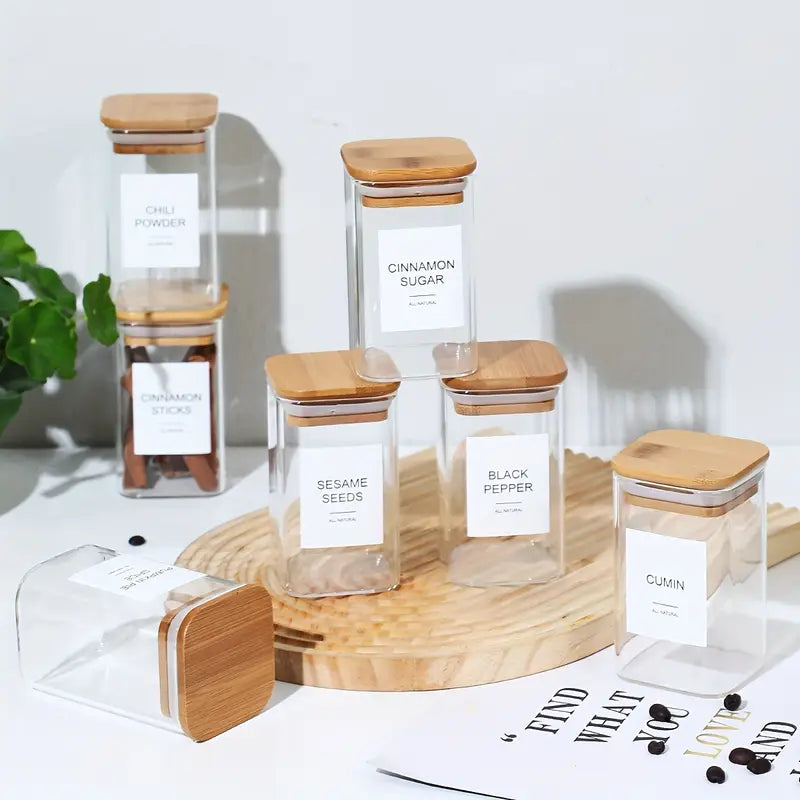 Glass spice jars – 12-piece set – Airtight bamboo lids – Minimalist design for kitchen organization