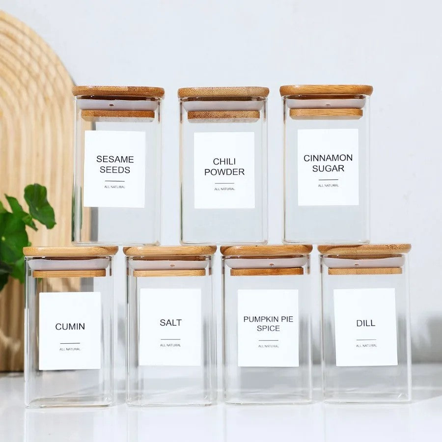 Glass spice jars – 12-piece set – Airtight bamboo lids – Minimalist design for kitchen organization