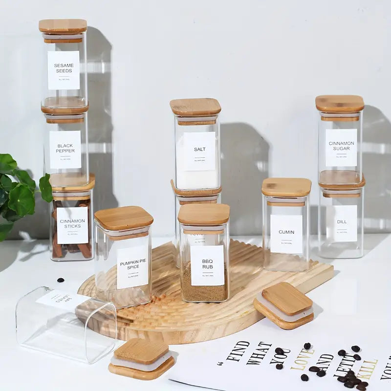 Glass spice jars – 12-piece set – Airtight bamboo lids – Minimalist design for kitchen organization