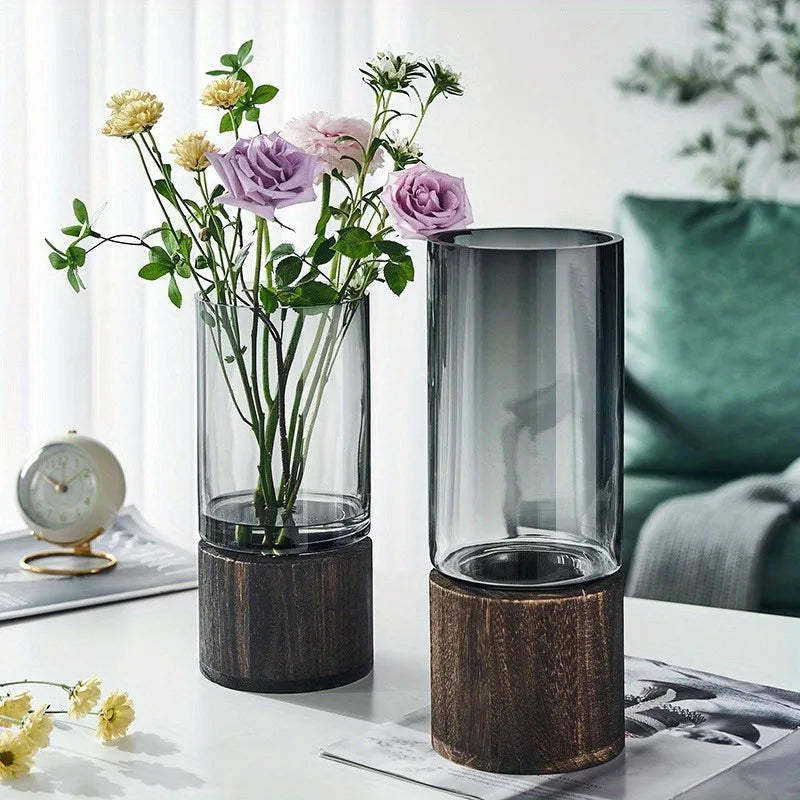Glass vase – Elegant design with wooden base – Nordic style – Perfect for living room and tabletop decor