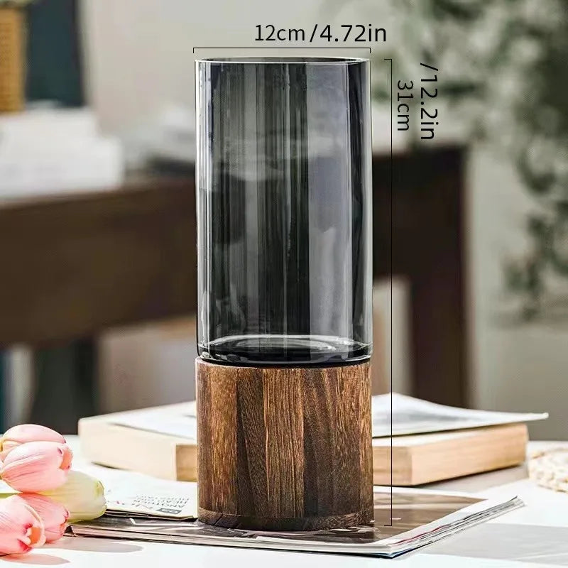 Glass vase – Elegant design with wooden base – Nordic style – Perfect for living room and tabletop decor