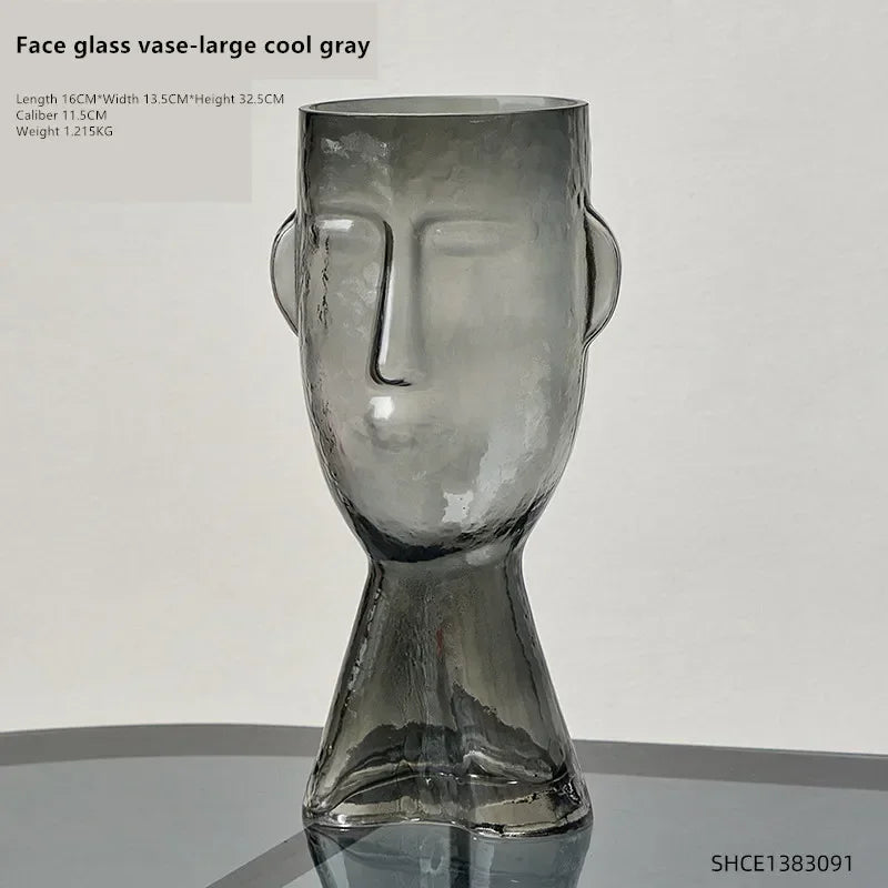 Glass vase – Face art design – Clear decorative piece for flower arrangements