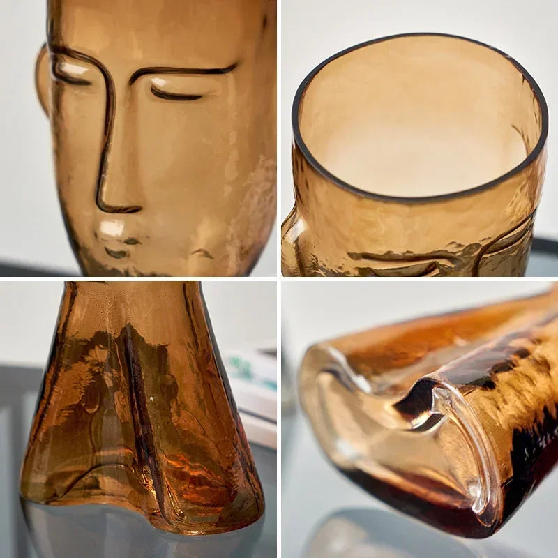Glass vase – Face art design – Clear decorative piece for flower arrangements